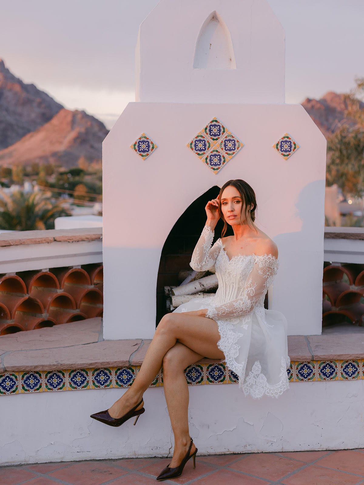 Modern bride wearing white lace bridal styling
