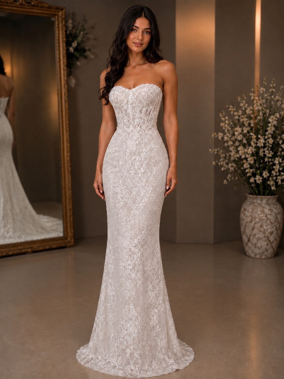 &Eacute;loise French lace sheath wedding gown without the overskirt