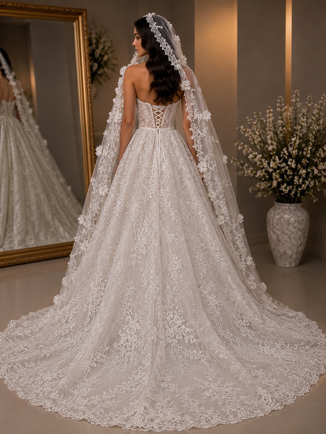 &Eacute;loise wedding gown back view with lace veil and sweeping train