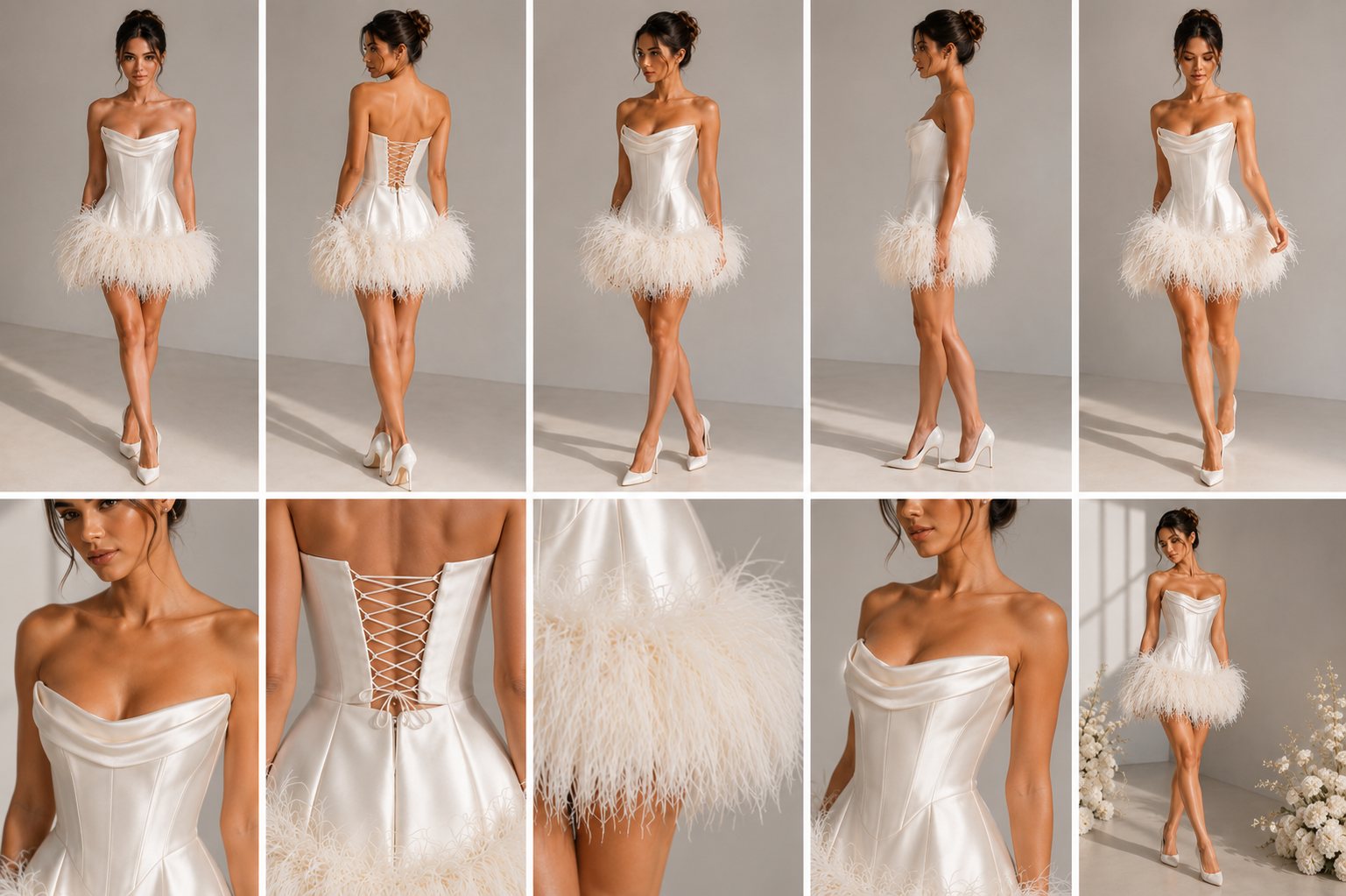 Halle ivory satin feather bridal mini dress couture styling views at Modern Bride Scottsdale