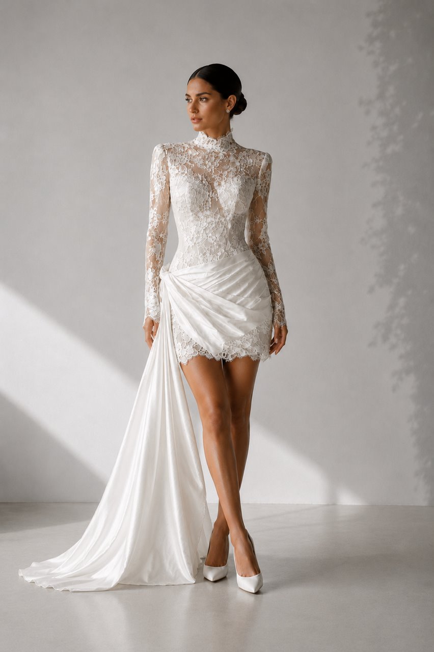 Serena long sleeve lace bridal mini dress with detachable train Scottsdale